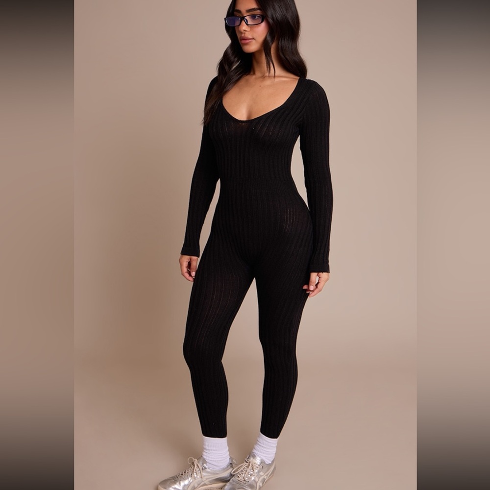 Petite black long sleeve knitted jumpsuit